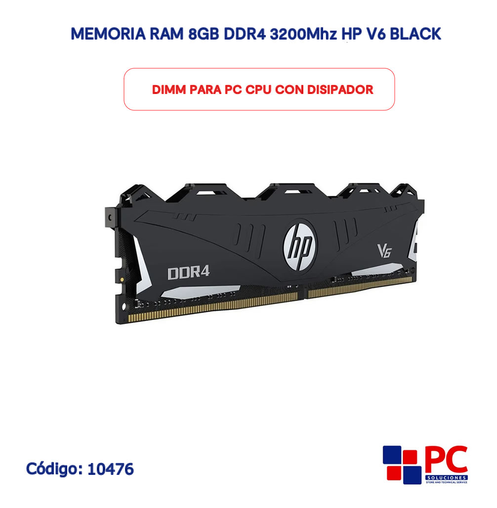 Memoria Ram 8Gb Ddr4 3200Mhz Hp V6 Black Udimm Para Pc Con